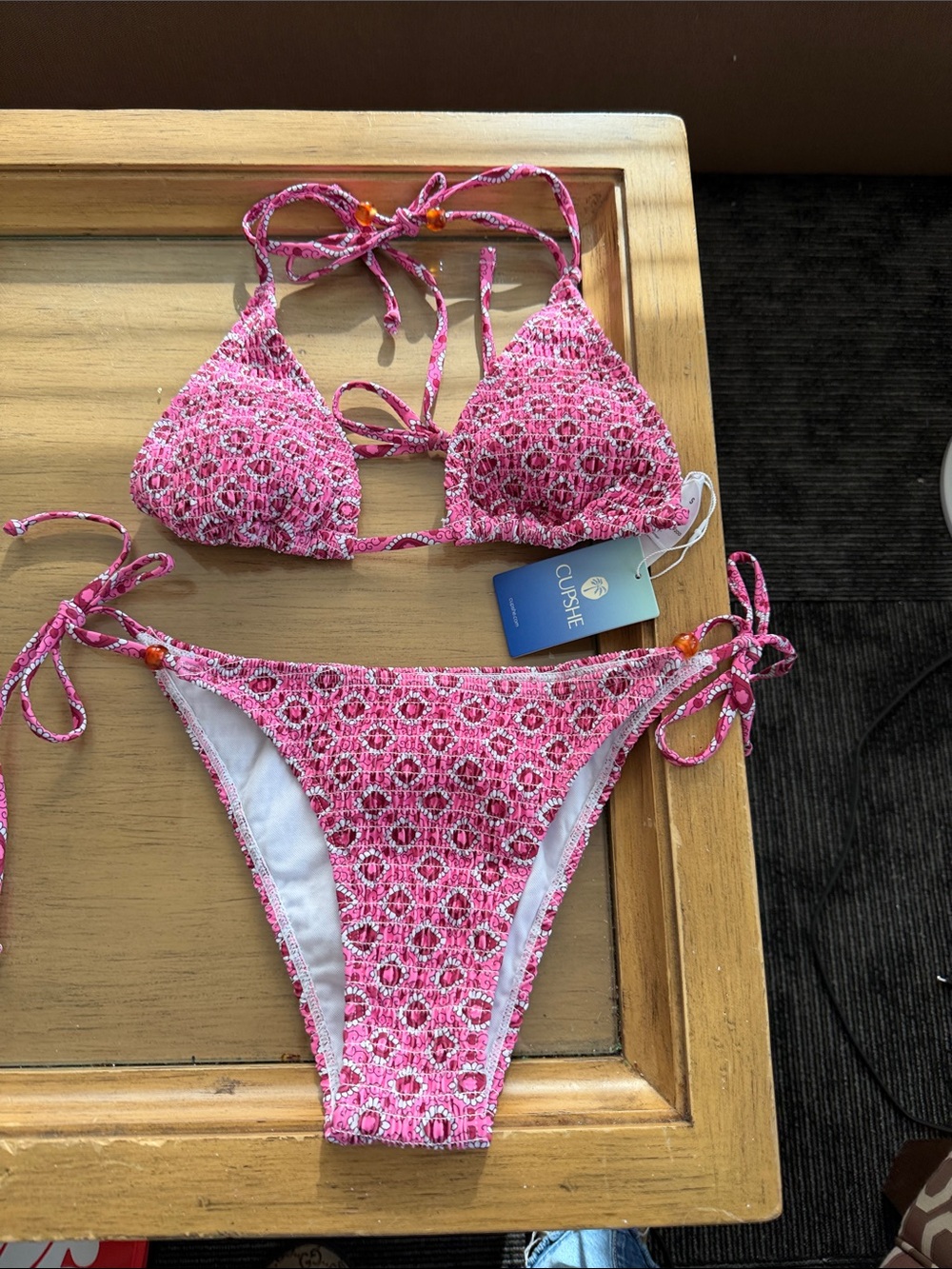 Cupshe Pink Crochet-Style Triangle Tie Bikini